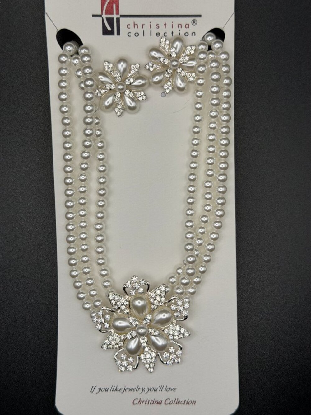 Christina Collection Faux Pearl & Rhinestone Floral Statement Necklace Earring S